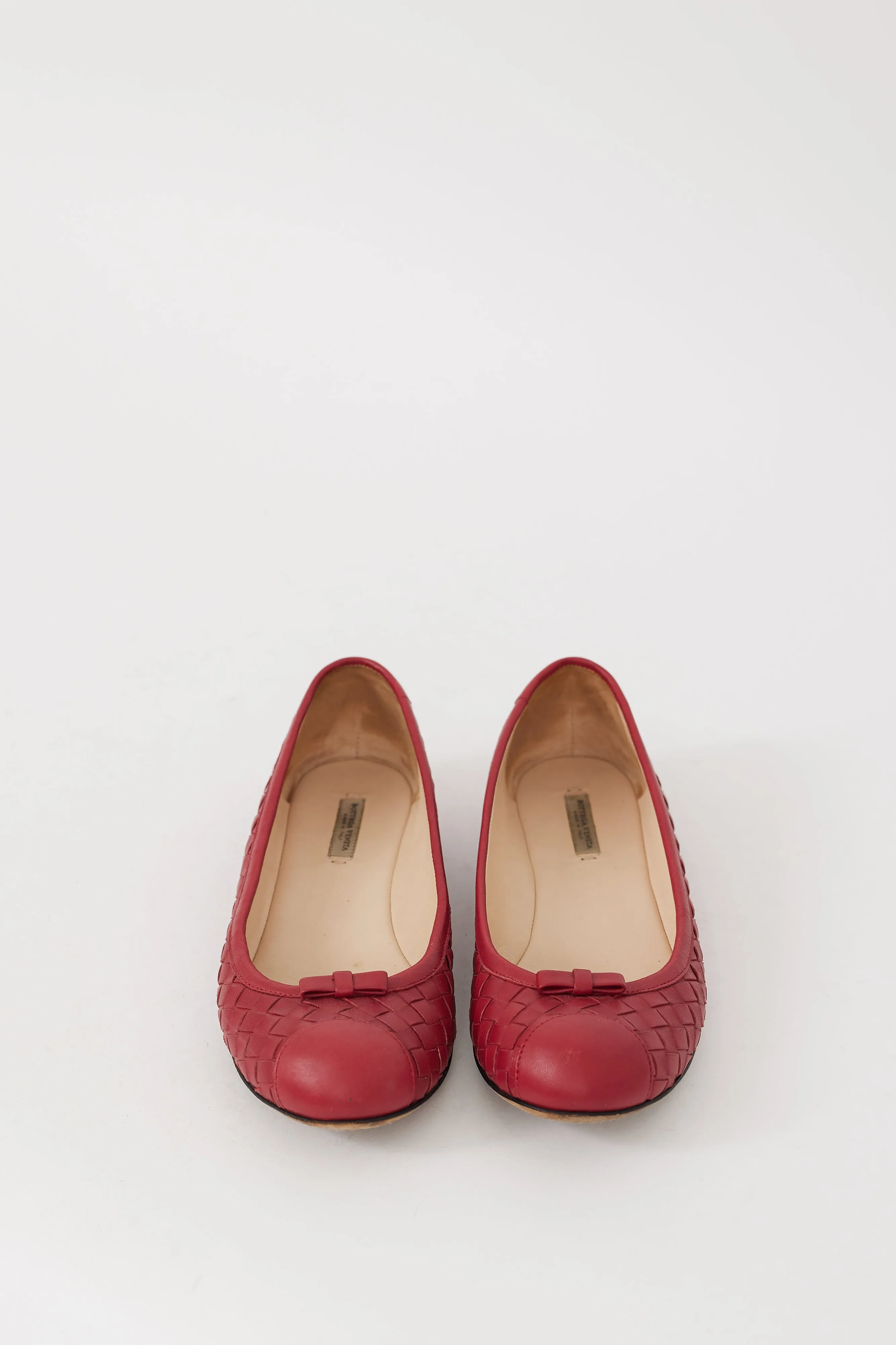 Red Leather Intrecciato Bow Flat