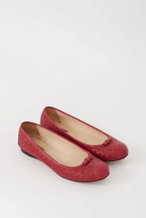 Red Leather Intrecciato Bow Flat