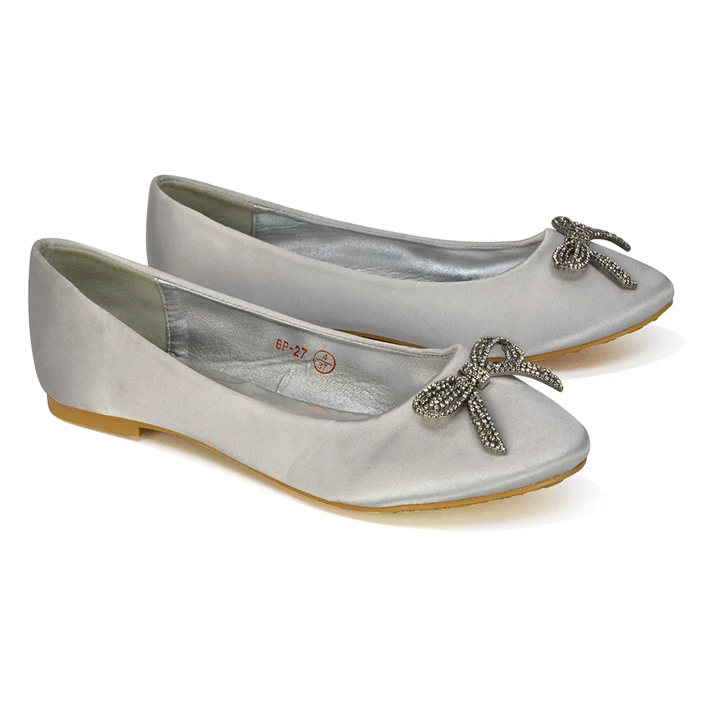 Rory Diamante Bow Flat Slip-on Wedding Bridal Pump Ballerina Shoes in Silver Satin