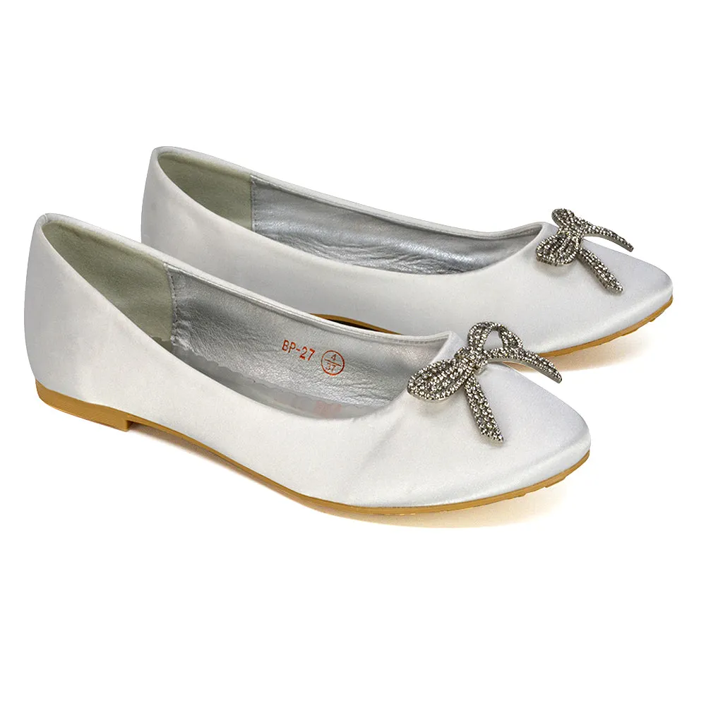 Rory Diamante Bow Flat Slip-on Wedding Bridal Pump Ballerina Shoes in Silver Satin