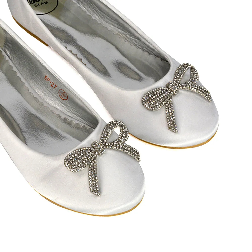 Rory Diamante Bow Flat Slip-on Wedding Bridal Pump Ballerina Shoes in Silver Satin