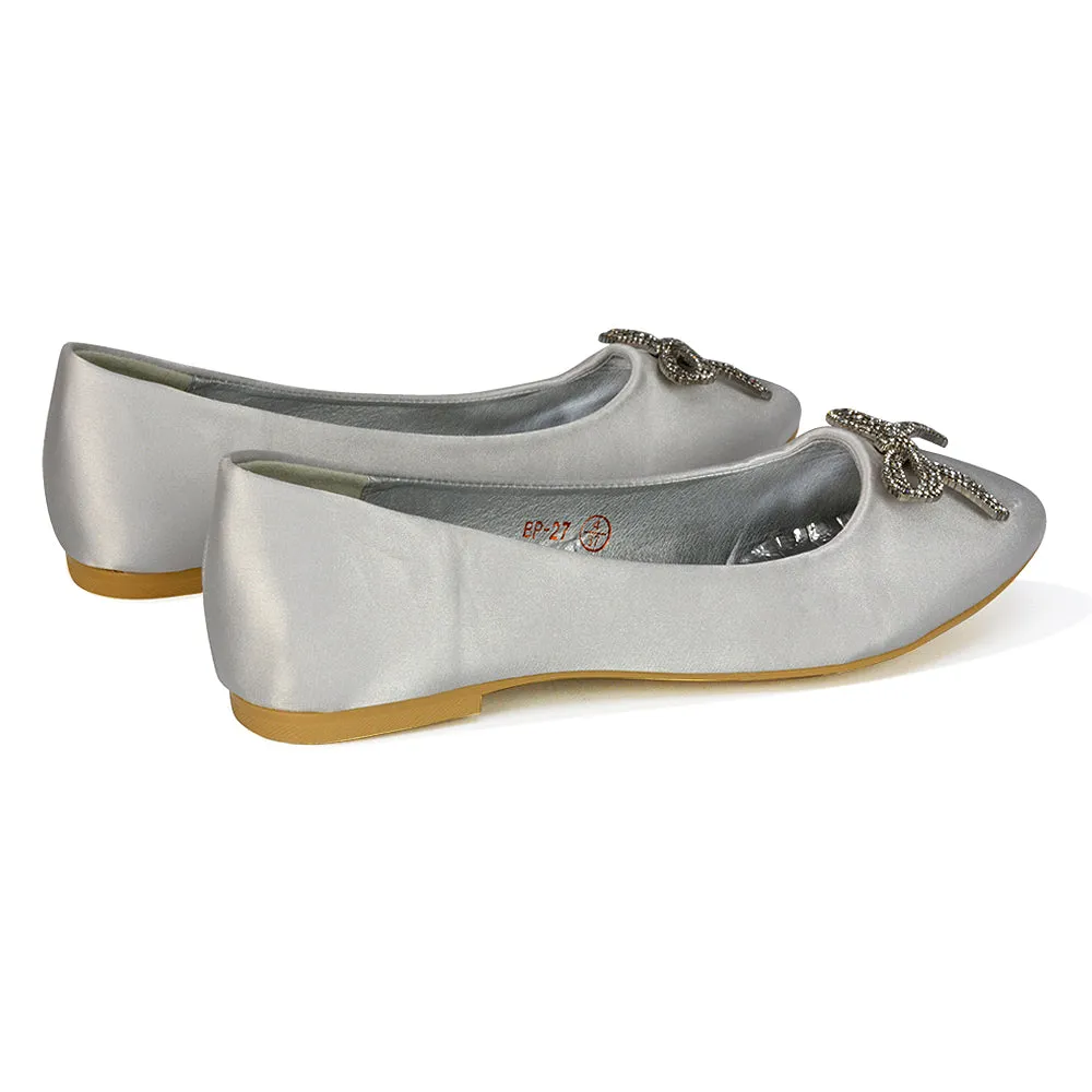 Rory Diamante Bow Flat Slip-on Wedding Bridal Pump Ballerina Shoes in Silver Satin