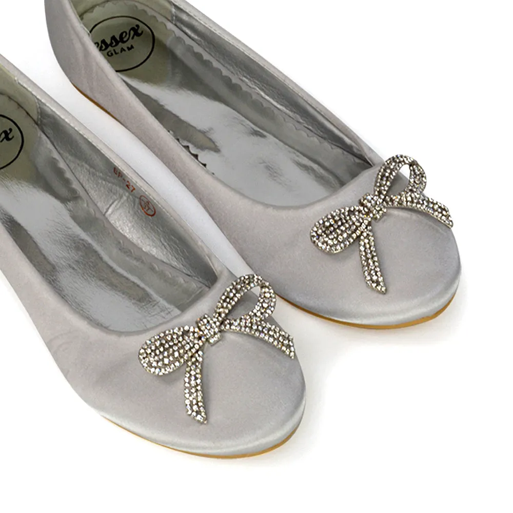 Rory Diamante Bow Flat Slip-on Wedding Bridal Pump Ballerina Shoes in Silver Satin