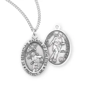 Saint Sebastian Oval Sterling Silver Female Soccer Athlete Medal - S804318