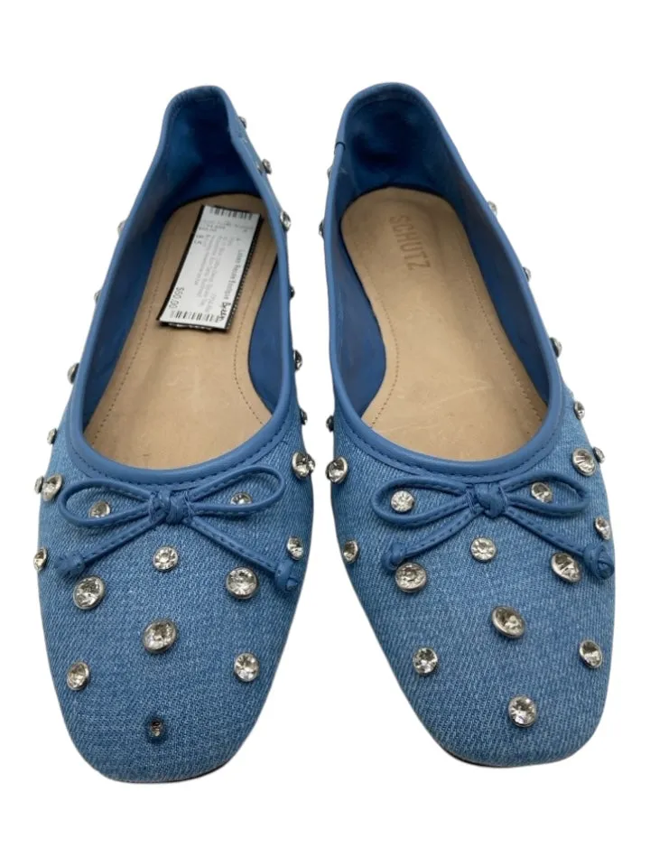 Schutz Shoe Size 8.5 Blue Cotton Denim Square Toe Rhinestone Bow Detail Flats