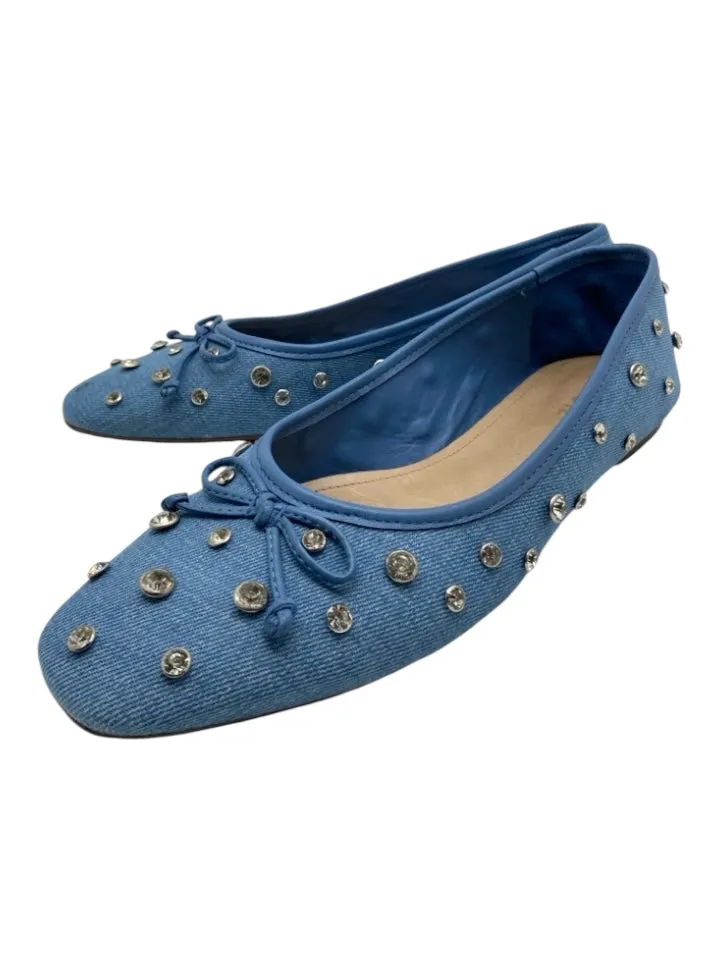 Schutz Shoe Size 8.5 Blue Cotton Denim Square Toe Rhinestone Bow Detail Flats