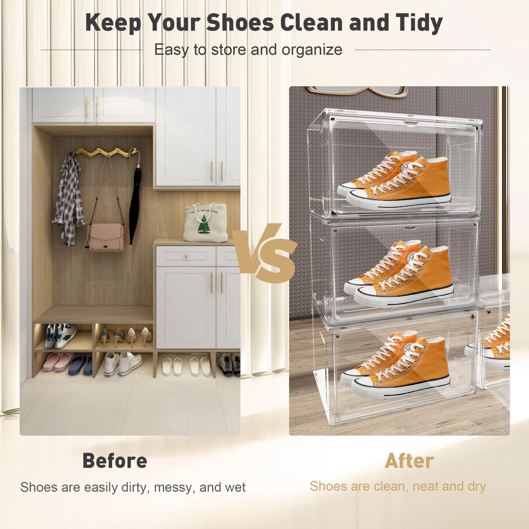 Set of 4 Shoe Storage Box Clear Plastic Stackable Shoe Organizer with Magnetic Door, Transparent