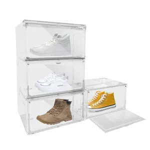 Set of 4 Shoe Storage Box Clear Plastic Stackable Shoe Organizer with Magnetic Door, Transparent