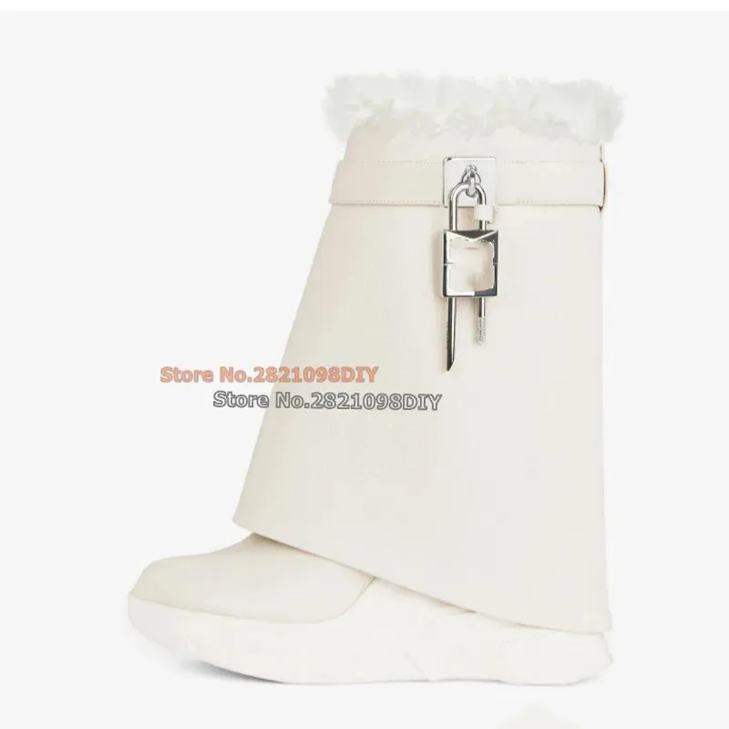 Shark Lock White Black Leather Short Winter Platform Boot Round Toe Fur Insidd Warm Snow Boots Women