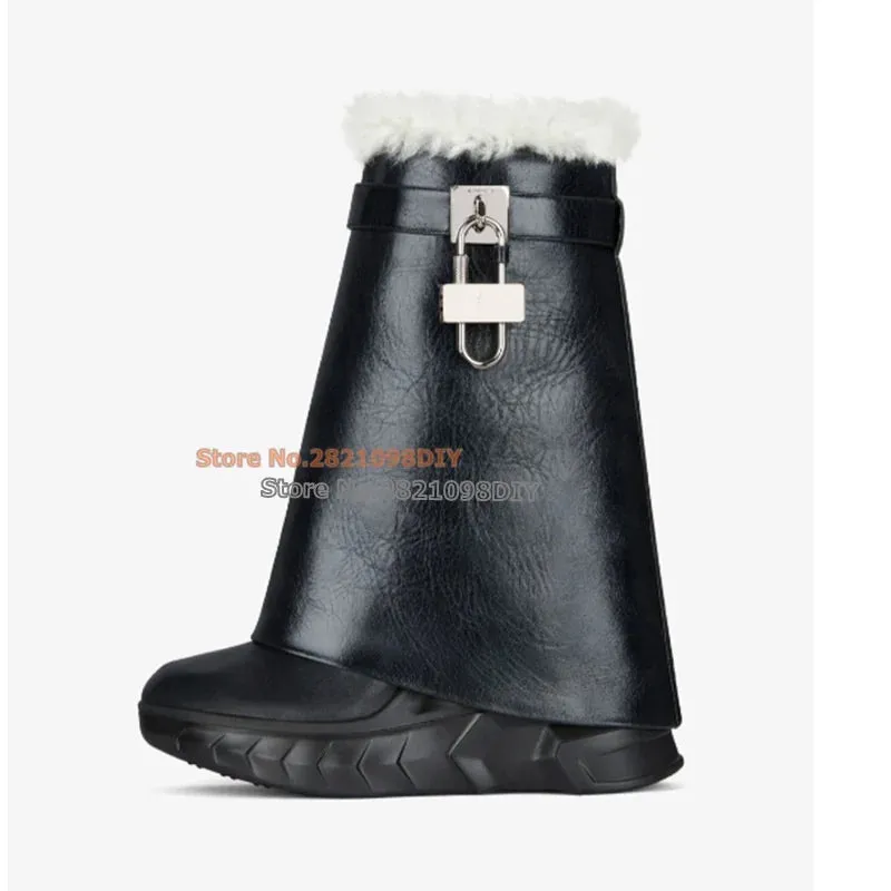 Shark Lock White Black Leather Short Winter Platform Boot Round Toe Fur Insidd Warm Snow Boots Women