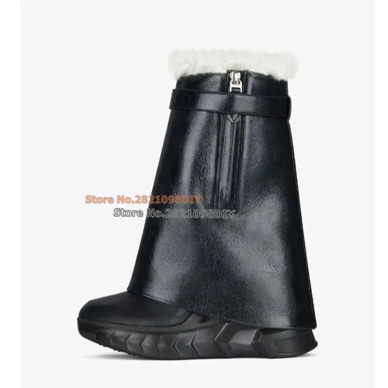 Shark Lock White Black Leather Short Winter Platform Boot Round Toe Fur Insidd Warm Snow Boots Women