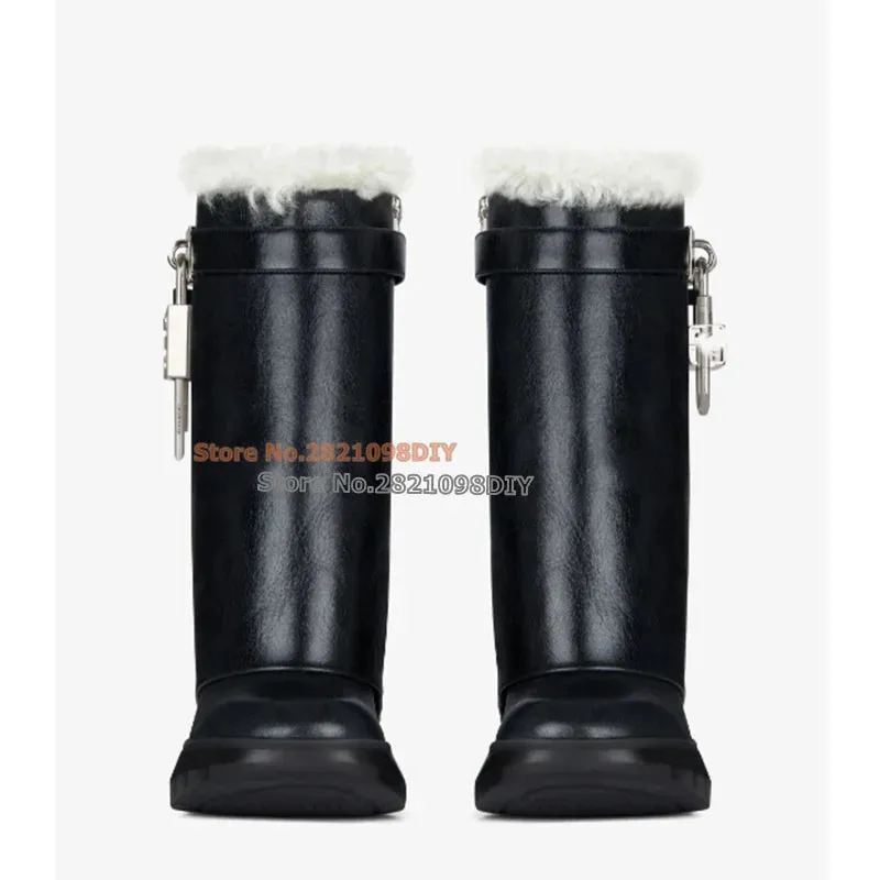 Shark Lock White Black Leather Short Winter Platform Boot Round Toe Fur Insidd Warm Snow Boots Women