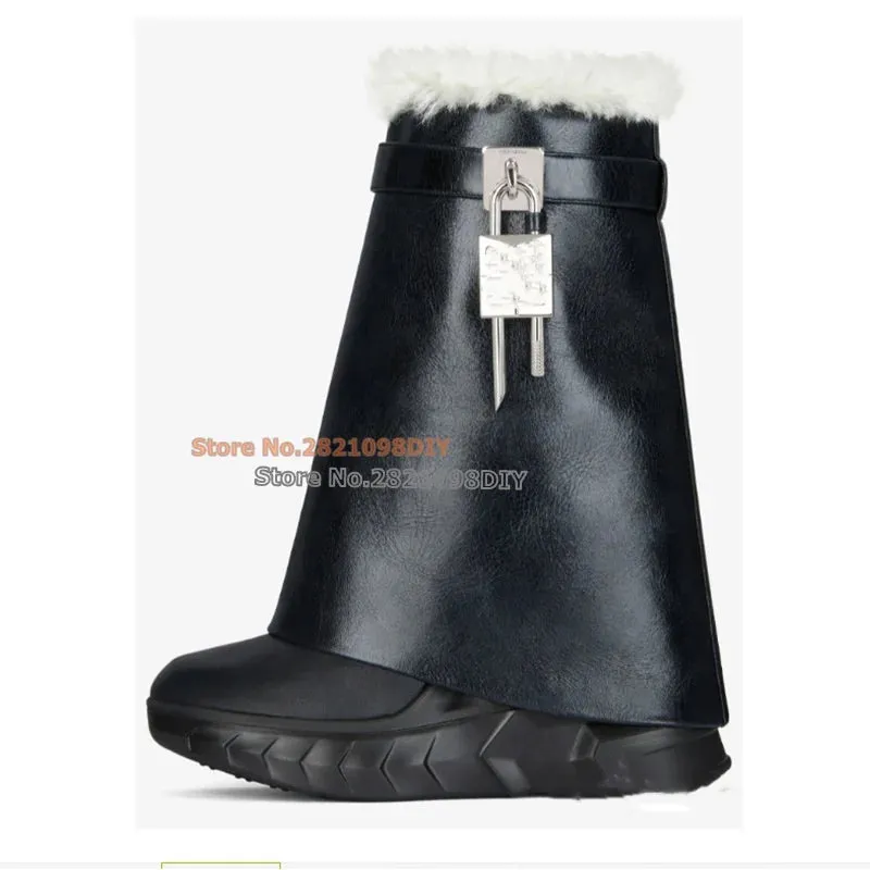 Shark Lock White Black Leather Short Winter Platform Boot Round Toe Fur Insidd Warm Snow Boots Women