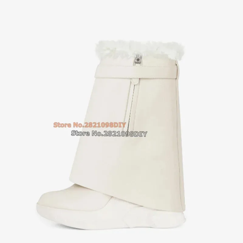 Shark Lock White Black Leather Short Winter Platform Boot Round Toe Fur Insidd Warm Snow Boots Women