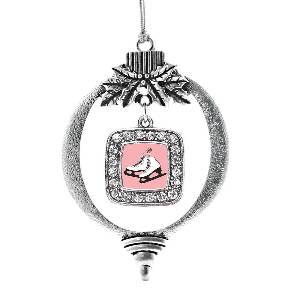 Silver Figure Skates Square Charm Holiday Ornament