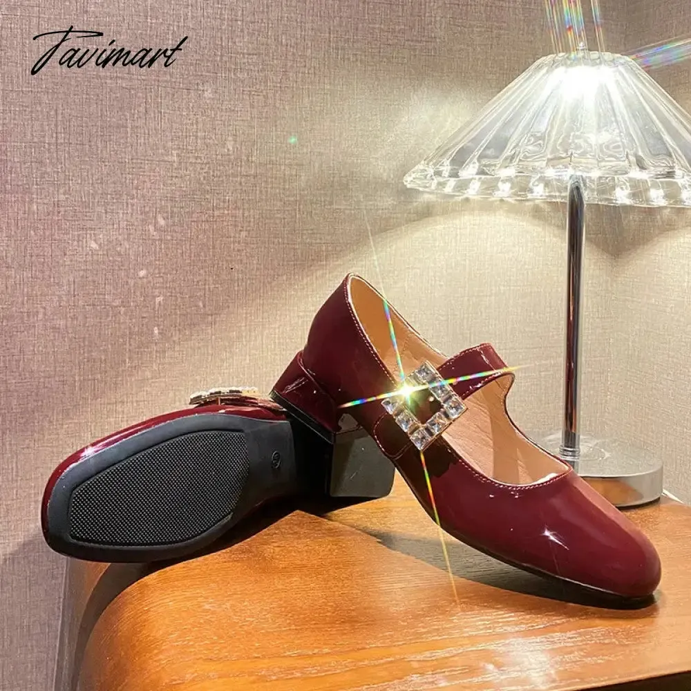 TAVIMART -  2024 Spring Korea Flats Fashion Mary Jane Shoes Square Toe Women's Shoes Retro Rhinestone Thick Heel PU Red Black Women Pumps