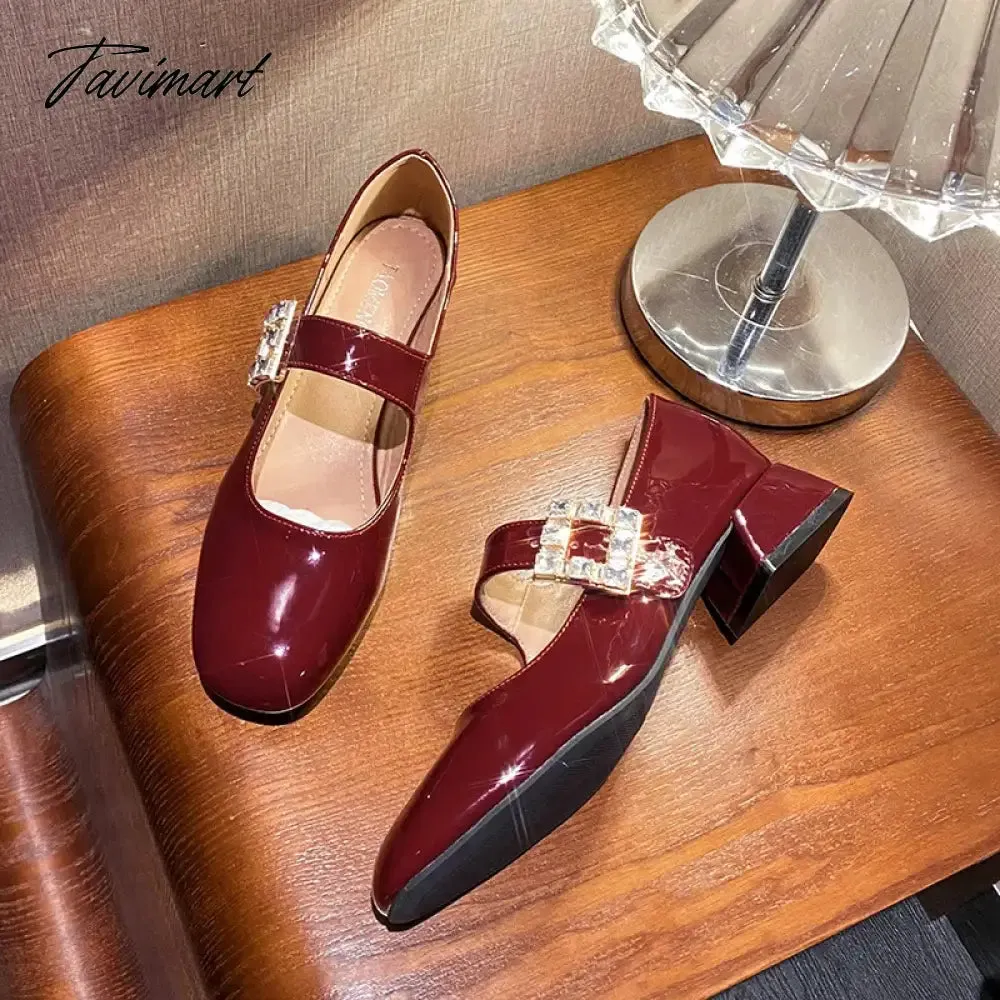 TAVIMART -  2024 Spring Korea Flats Fashion Mary Jane Shoes Square Toe Women's Shoes Retro Rhinestone Thick Heel PU Red Black Women Pumps