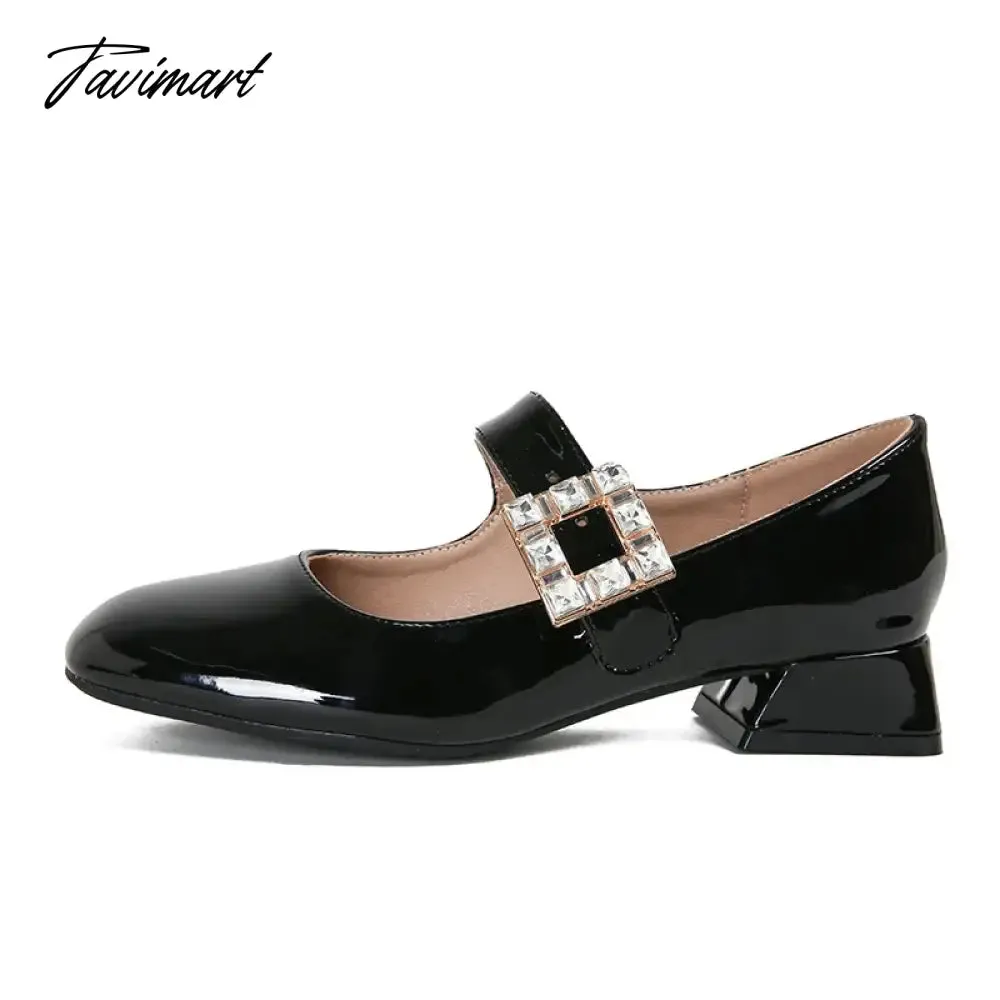 TAVIMART -  2024 Spring Korea Flats Fashion Mary Jane Shoes Square Toe Women's Shoes Retro Rhinestone Thick Heel PU Red Black Women Pumps