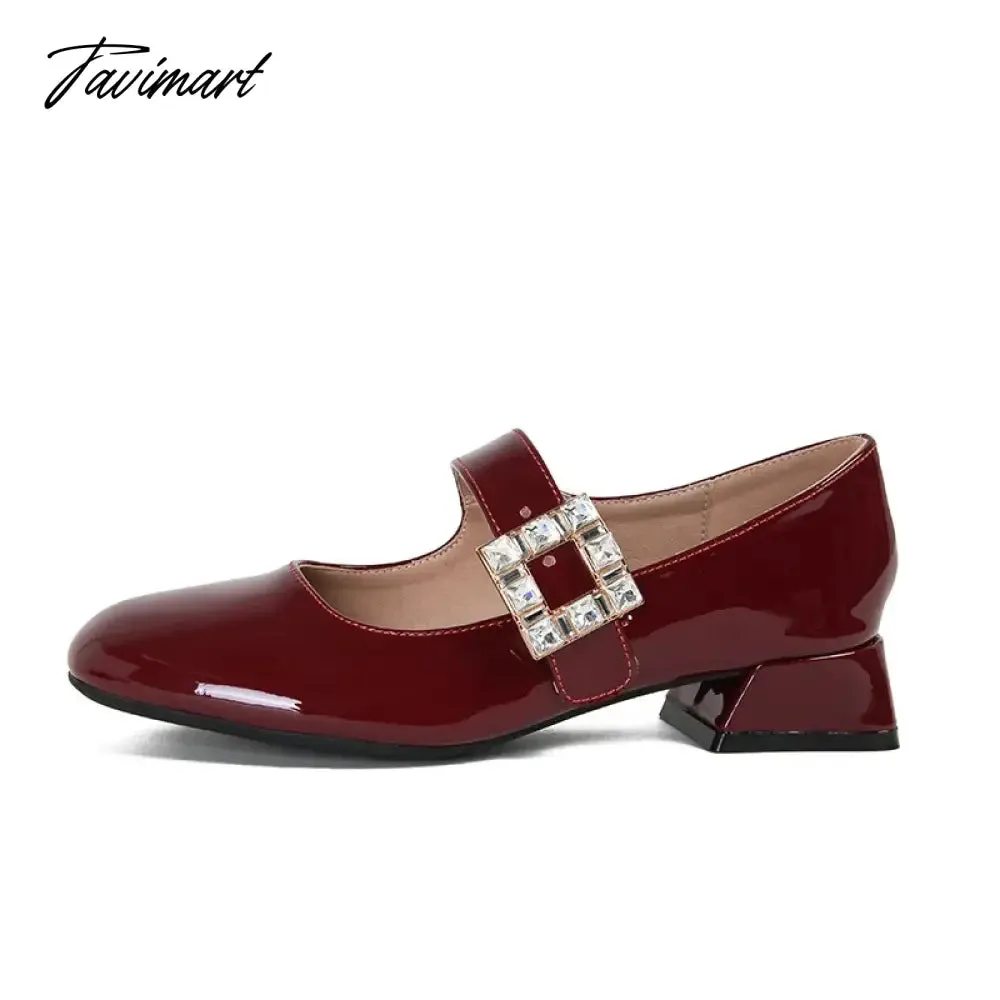 TAVIMART -  2024 Spring Korea Flats Fashion Mary Jane Shoes Square Toe Women's Shoes Retro Rhinestone Thick Heel PU Red Black Women Pumps