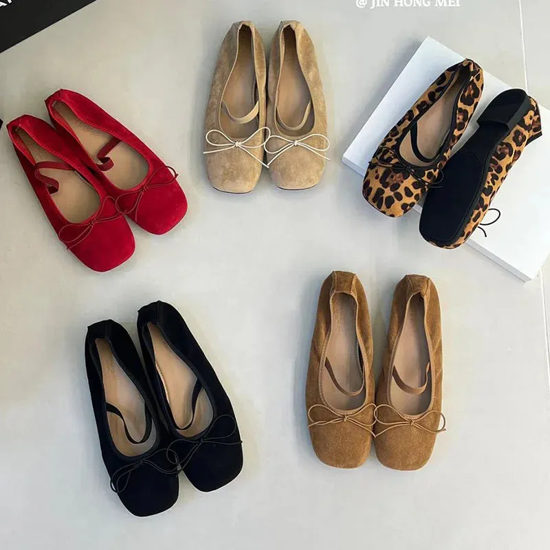 TAVIMART  -  Flats Ballet Shoes Fashion Square Toe Shallow Bow Knot Ballerina Soft Casual Loafers Comfort Moccasins Leopard Print Shoes