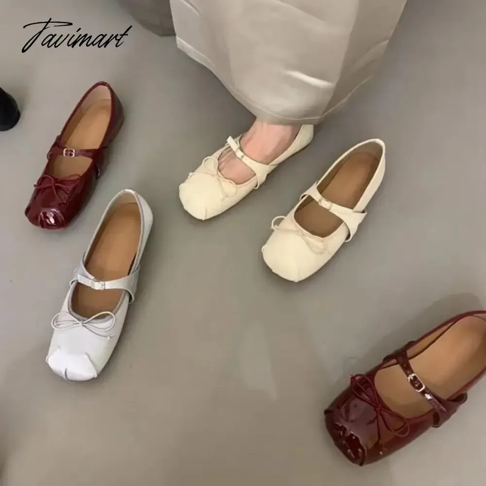 TAVIMART -  New French Style Classic Silk and PU Ballet Shoes Women Square Toe Bowtie Women Flats Elegant Valentine Shoes