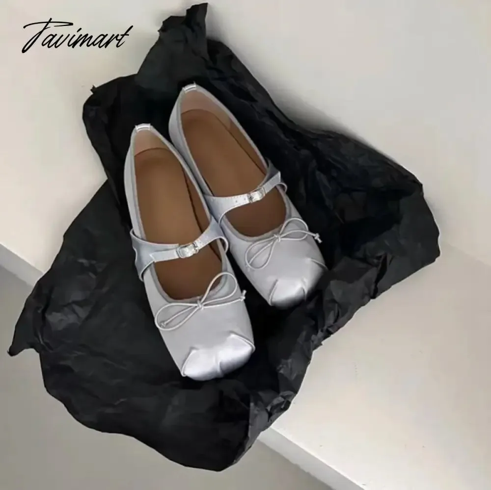 TAVIMART -  New French Style Classic Silk and PU Ballet Shoes Women Square Toe Bowtie Women Flats Elegant Valentine Shoes