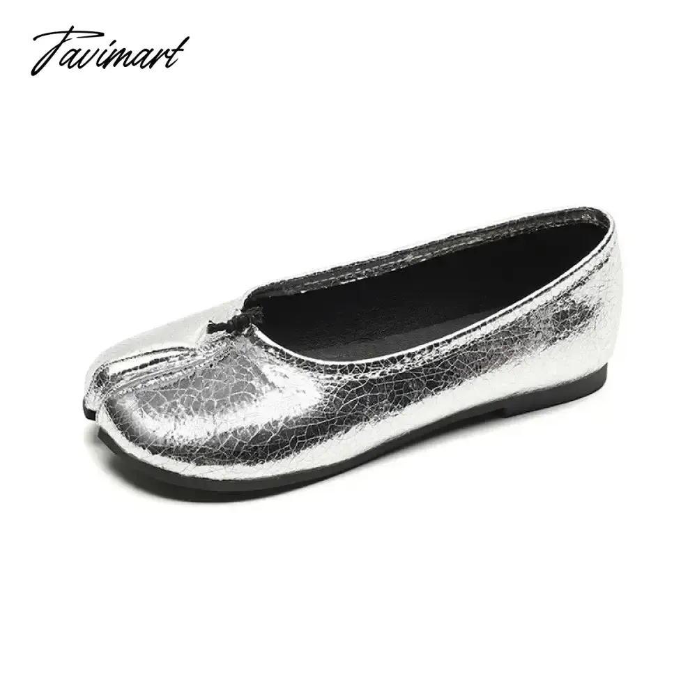 TAVIMART -  New Leather Split Toe Flat Shoes Woman Mary Janes Tabi Ninja Flats Female Cozy Dress Shoes Ankle Belt Moccasins Plus Size 35-43