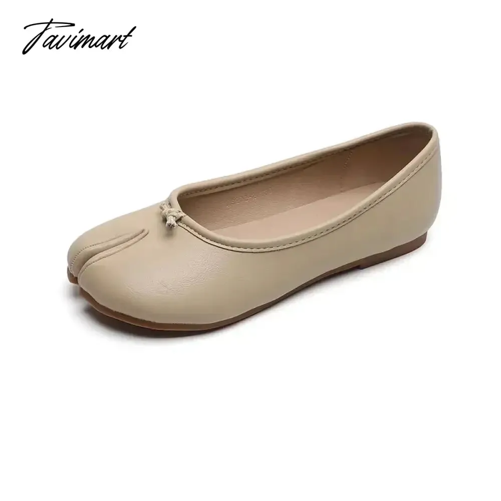 TAVIMART -  New Leather Split Toe Flat Shoes Woman Mary Janes Tabi Ninja Flats Female Cozy Dress Shoes Ankle Belt Moccasins Plus Size 35-43