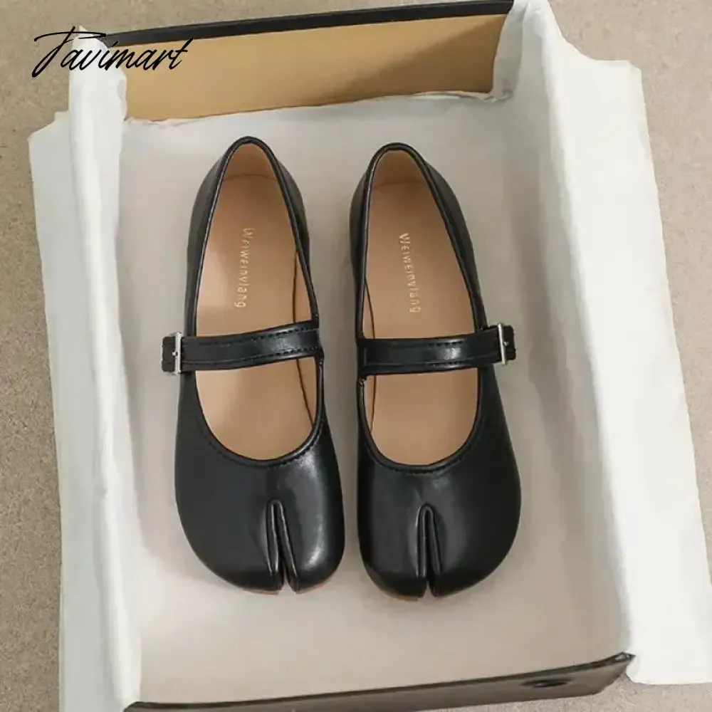 TAVIMART -  New Leather Split Toe Flat Shoes Woman Mary Janes Tabi Ninja Flats Female Cozy Dress Shoes Ankle Belt Moccasins Plus Size 35-43