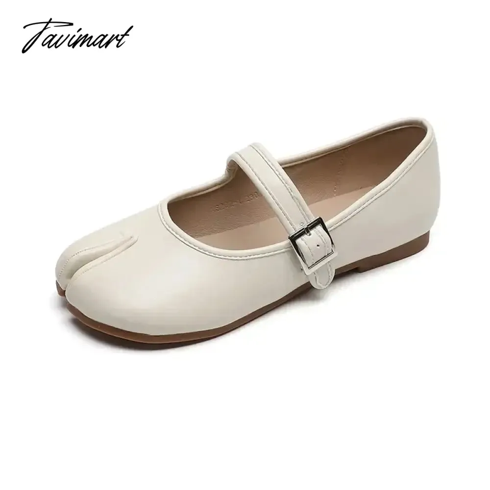 TAVIMART -  New Leather Split Toe Flat Shoes Woman Mary Janes Tabi Ninja Flats Female Cozy Dress Shoes Ankle Belt Moccasins Plus Size 35-43