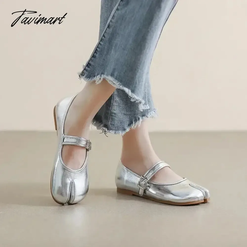 TAVIMART -  New Leather Split Toe Flat Shoes Woman Mary Janes Tabi Ninja Flats Female Cozy Dress Shoes Ankle Belt Moccasins Plus Size 35-43