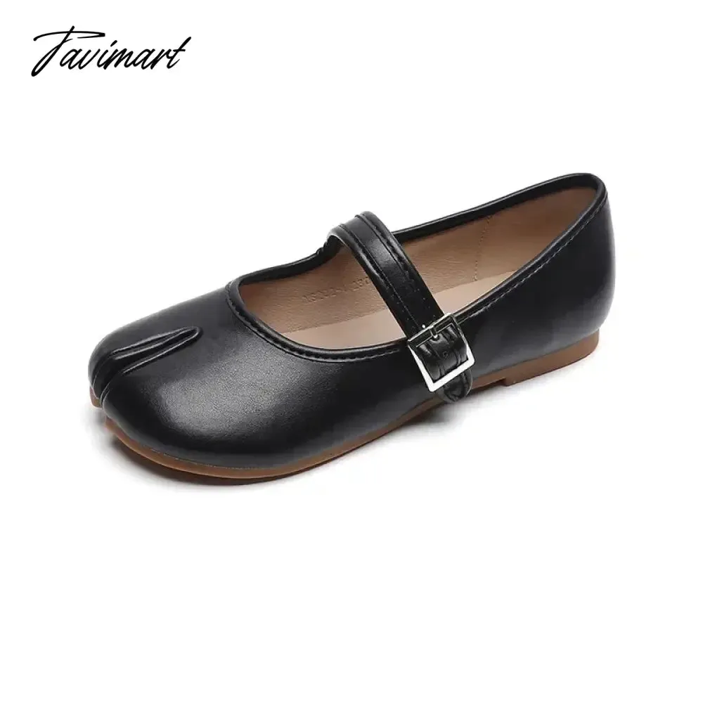 TAVIMART -  New Leather Split Toe Flat Shoes Woman Mary Janes Tabi Ninja Flats Female Cozy Dress Shoes Ankle Belt Moccasins Plus Size 35-43