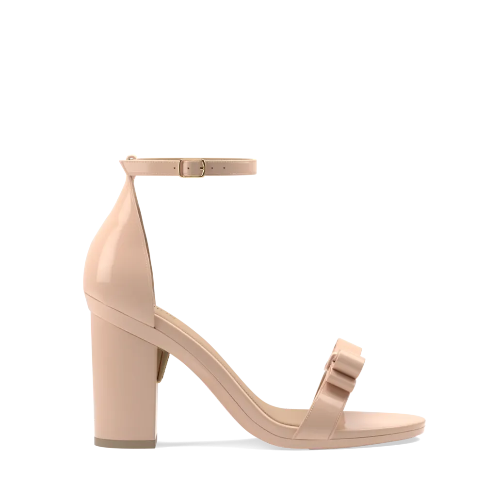 The Pashionista - Sand Patent Bow   Block Heel Kit 4 Sand - FINAL SALE