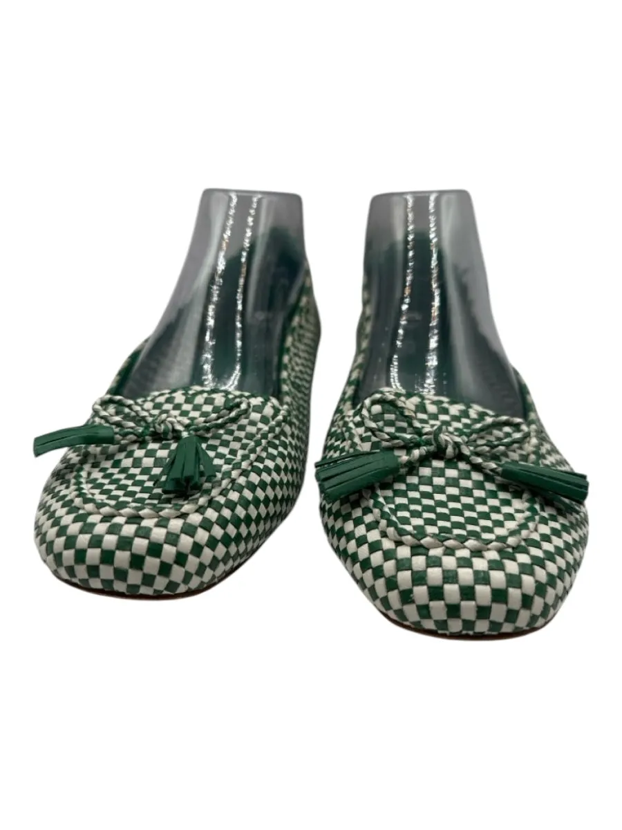 Tory Burch Shoe Size 11 Green & White Leather Bow Tie Checkered loafer Flats