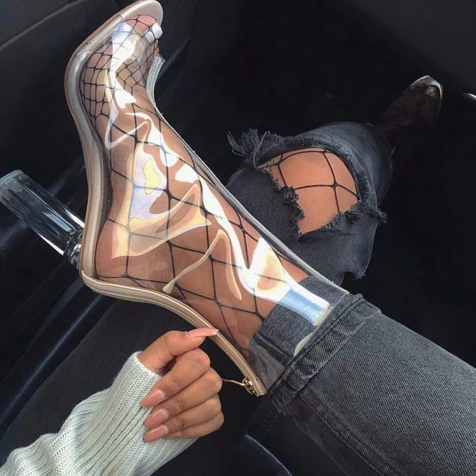 Transparent Open Toe Chunky High Heel Boots Shoes SD00136