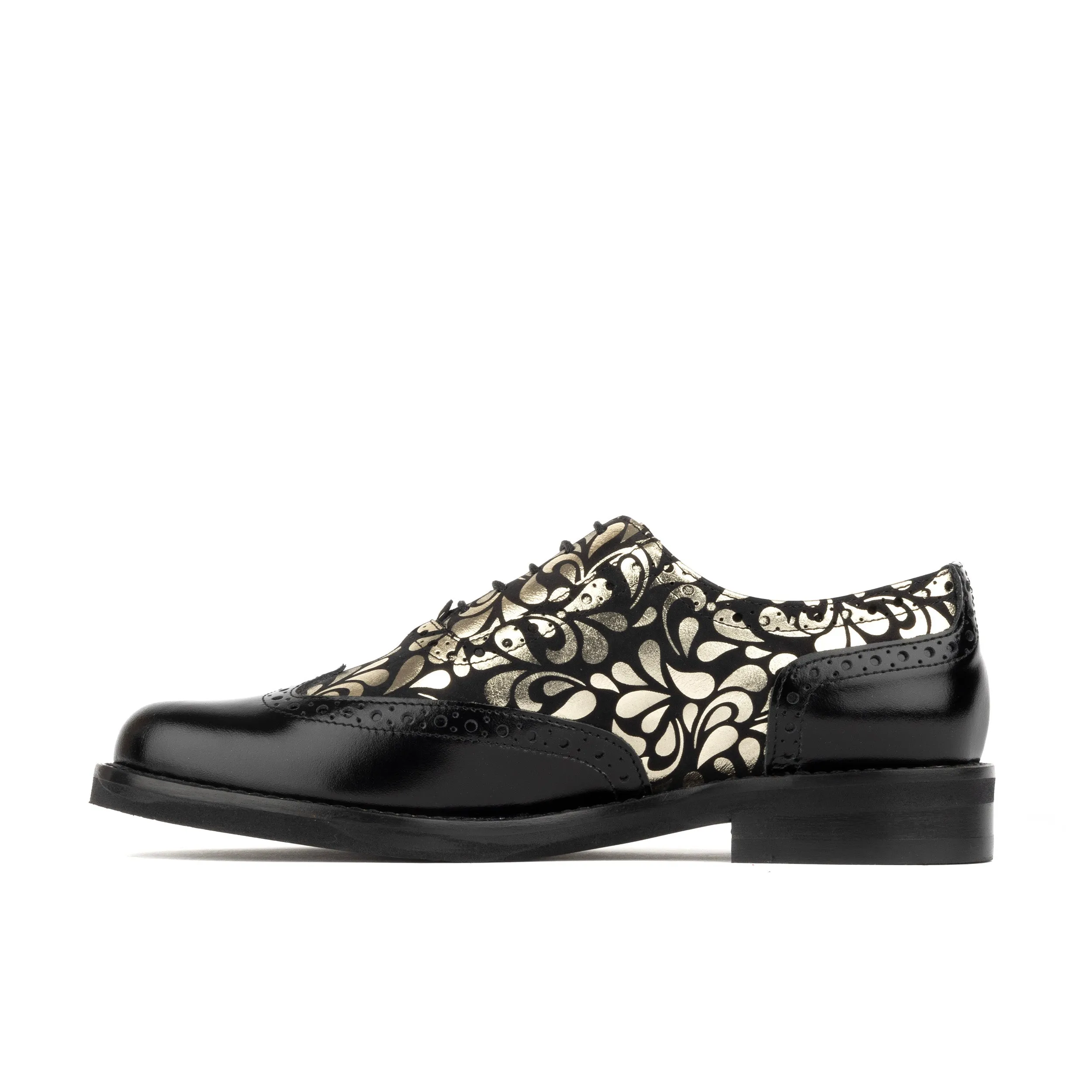 Vivienne - Black & Petals - Women's leather oxford shoe with wingtip and brogue details