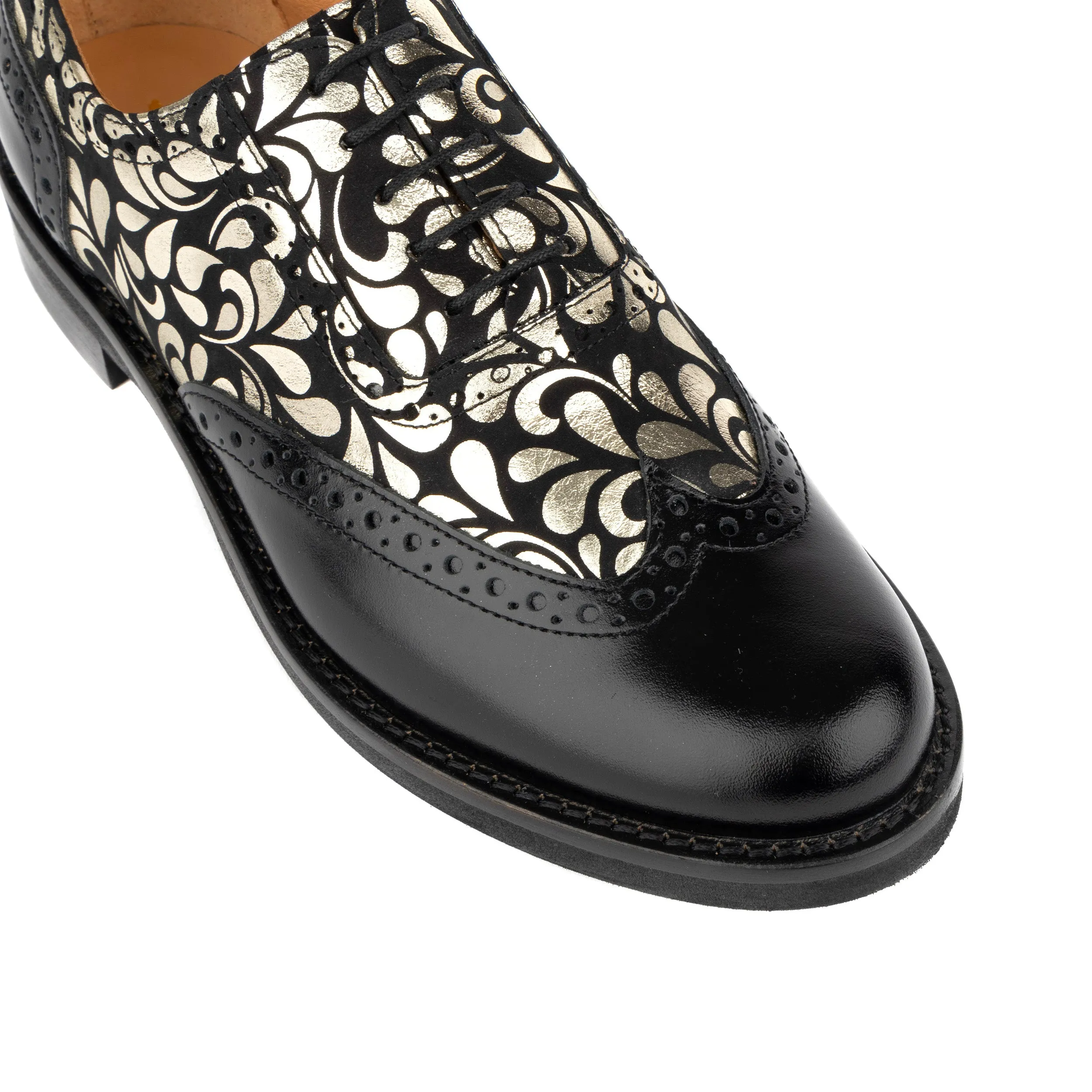 Vivienne - Black & Petals - Women's leather oxford shoe with wingtip and brogue details