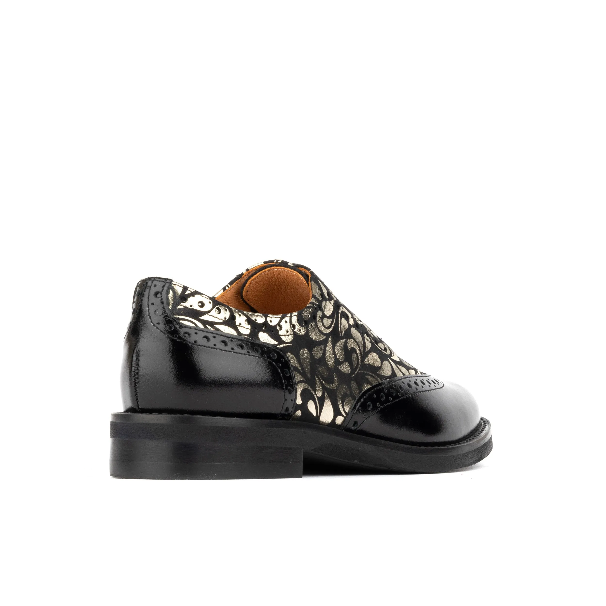 Vivienne - Black & Petals - Women's leather oxford shoe with wingtip and brogue details