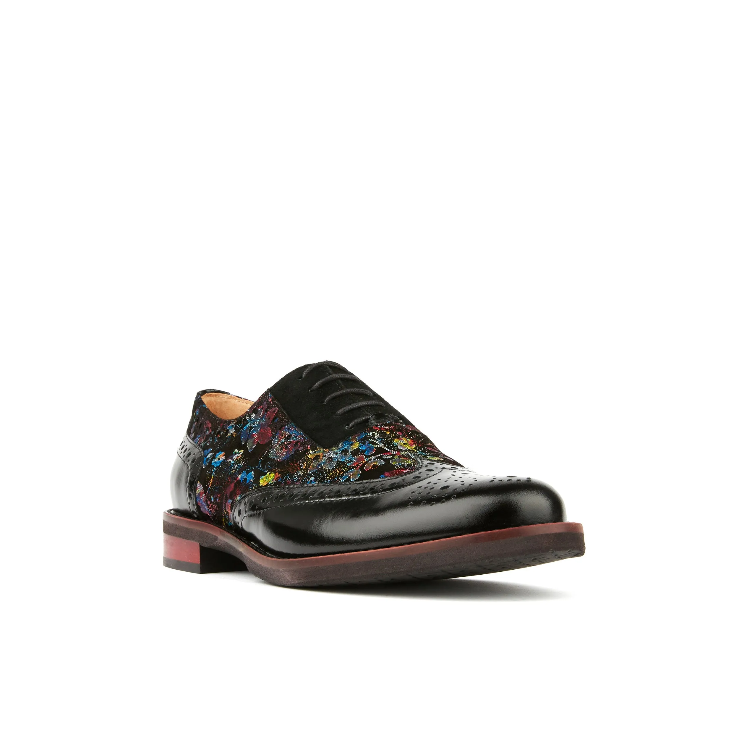 Vivienne - Black Flower - Women's almond toe lace up leather oxfords with broguing