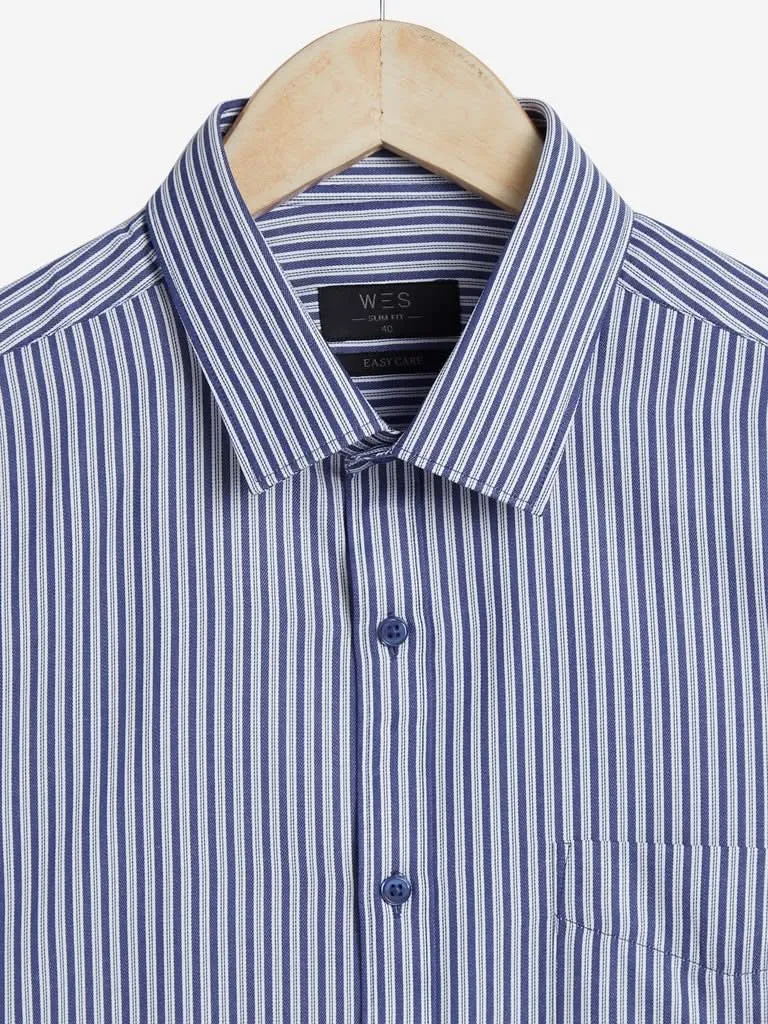 WES Formals Blue Striped Slim Fit Shirt