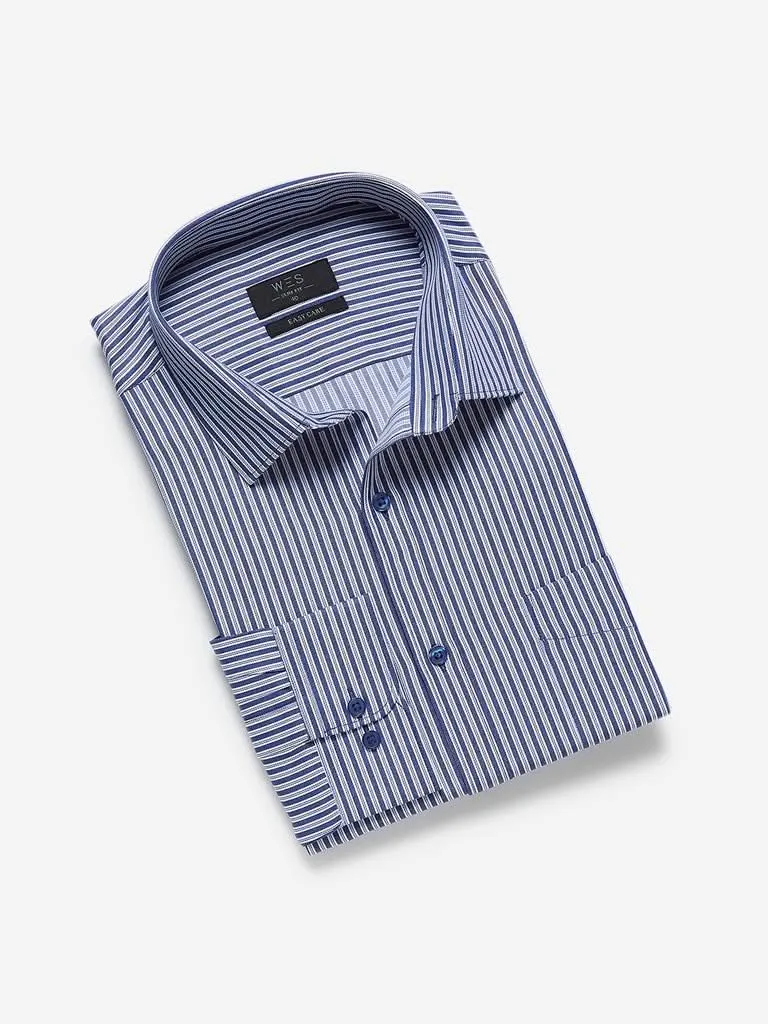 WES Formals Blue Striped Slim Fit Shirt