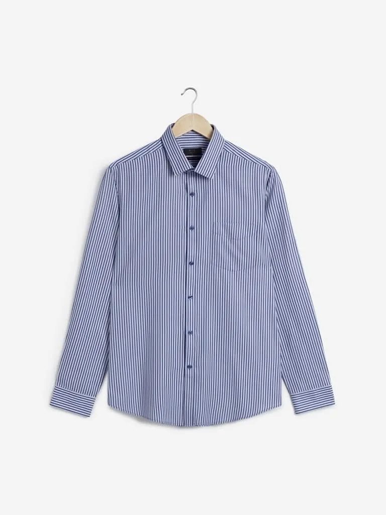 WES Formals Blue Striped Slim Fit Shirt