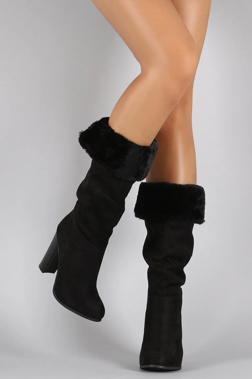 Wild Diva Lounge Suede Faux Fur Cuff Heeled Boots