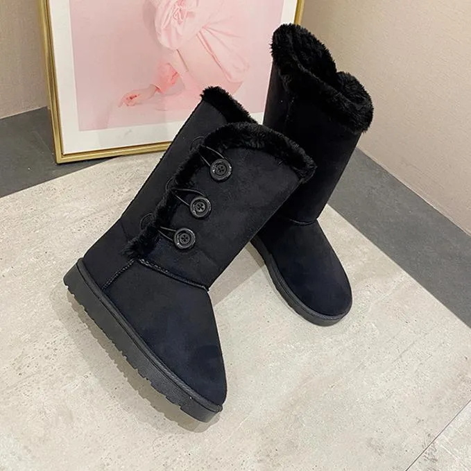 Women flatform mid calf buttons faux fur warm winter snow boots