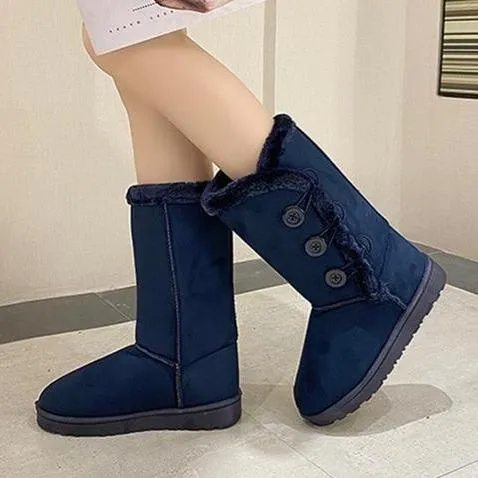 Women flatform mid calf buttons faux fur warm winter snow boots