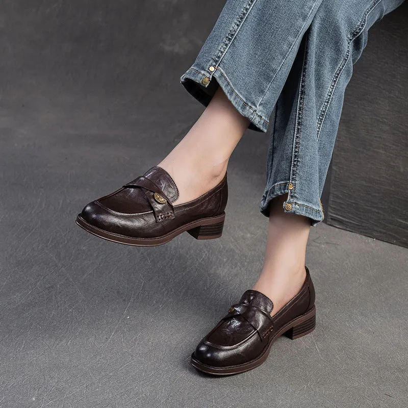 Women Leather Casual Low Block Retro Loafers