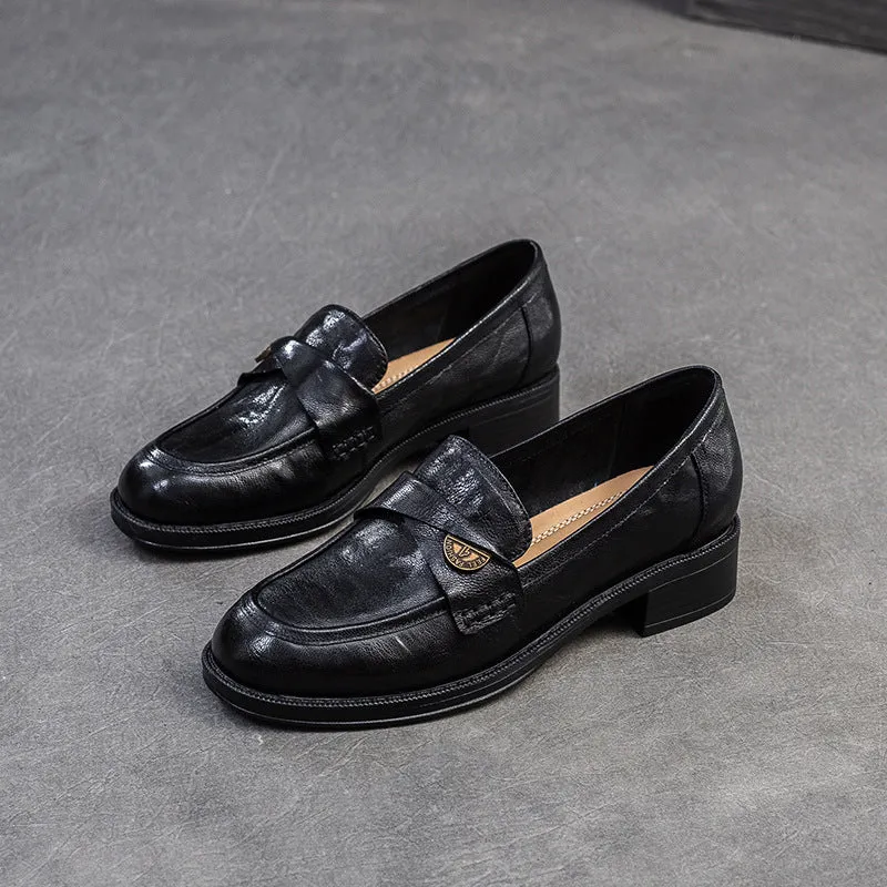 Women Leather Casual Low Block Retro Loafers