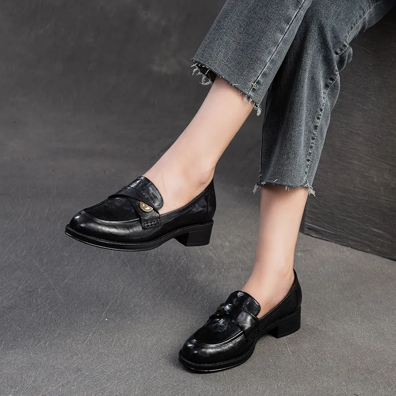 Women Leather Casual Low Block Retro Loafers