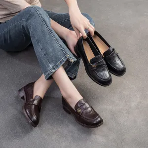 Women Leather Casual Low Block Retro Loafers