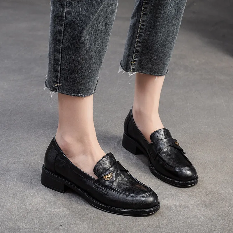 Women Leather Casual Low Block Retro Loafers